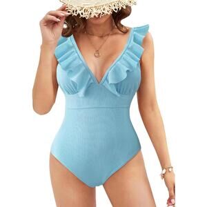 Sporlike Women Swimsuit Light Blue One Piece V Neck Ruffle Padded Monokini Small